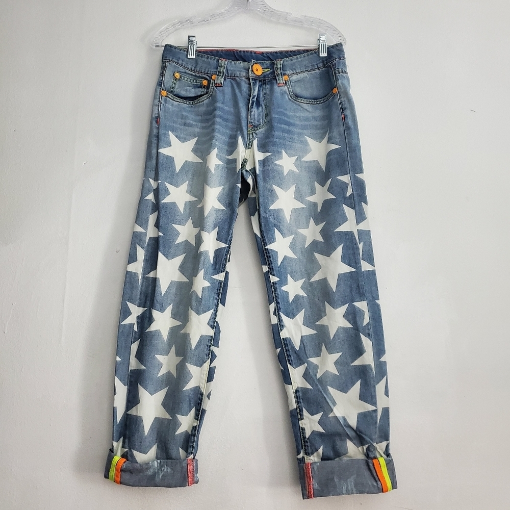 LalaBobo Light Wash Patched Lettered Y2K Jeans